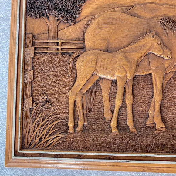 Vintage  Creative Carvings Kim Murray Horse Landscape Carving Wood Wall Art - Picture 8 of 15